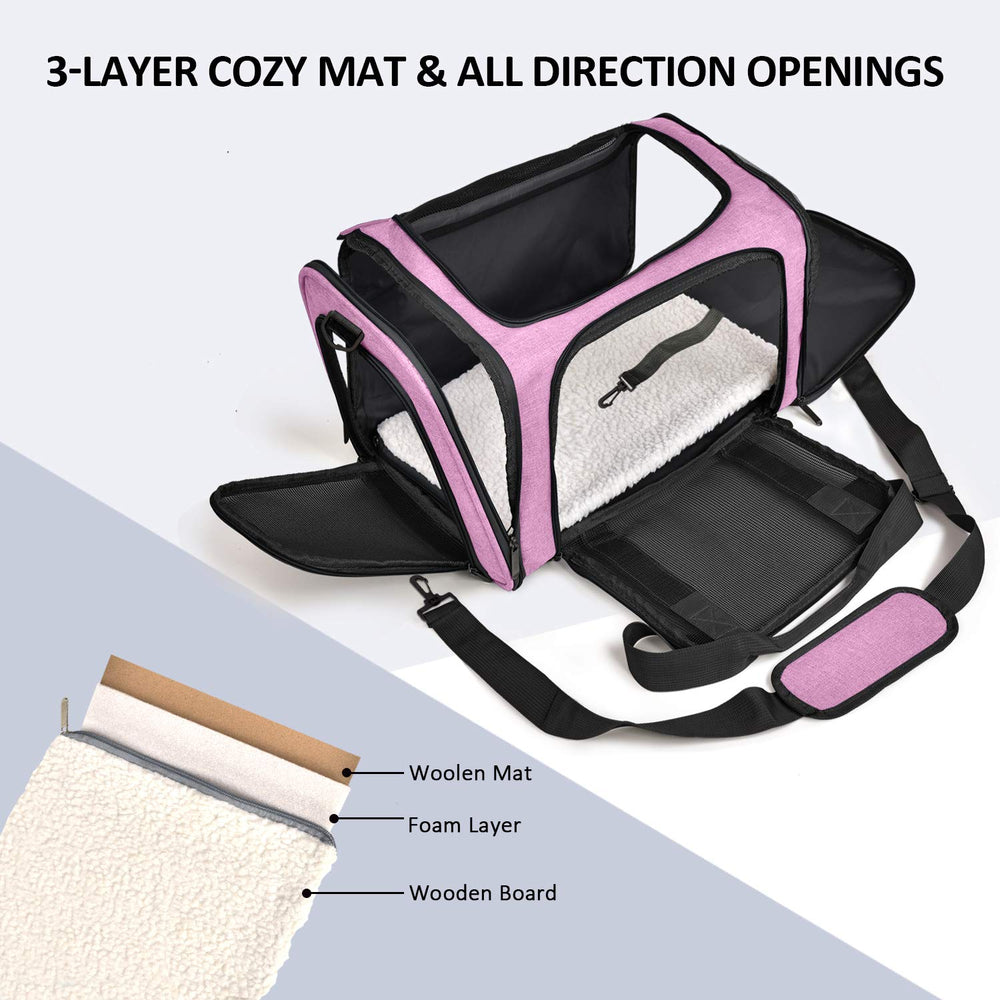 Henkelion soft-sided pet carrier showing breathable mesh for visibility and ventilation.