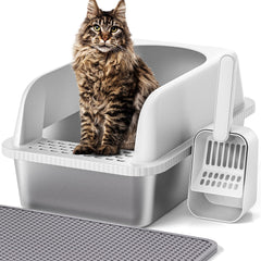 Henkelion stainless steel litter box front view shows ample space for large cats