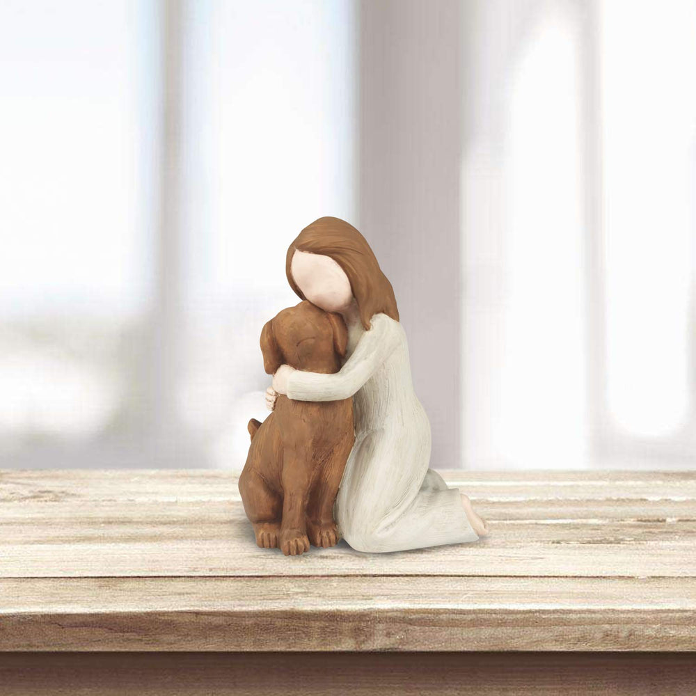 Hensonever angel figurine dog hug detail captures comforting companionship