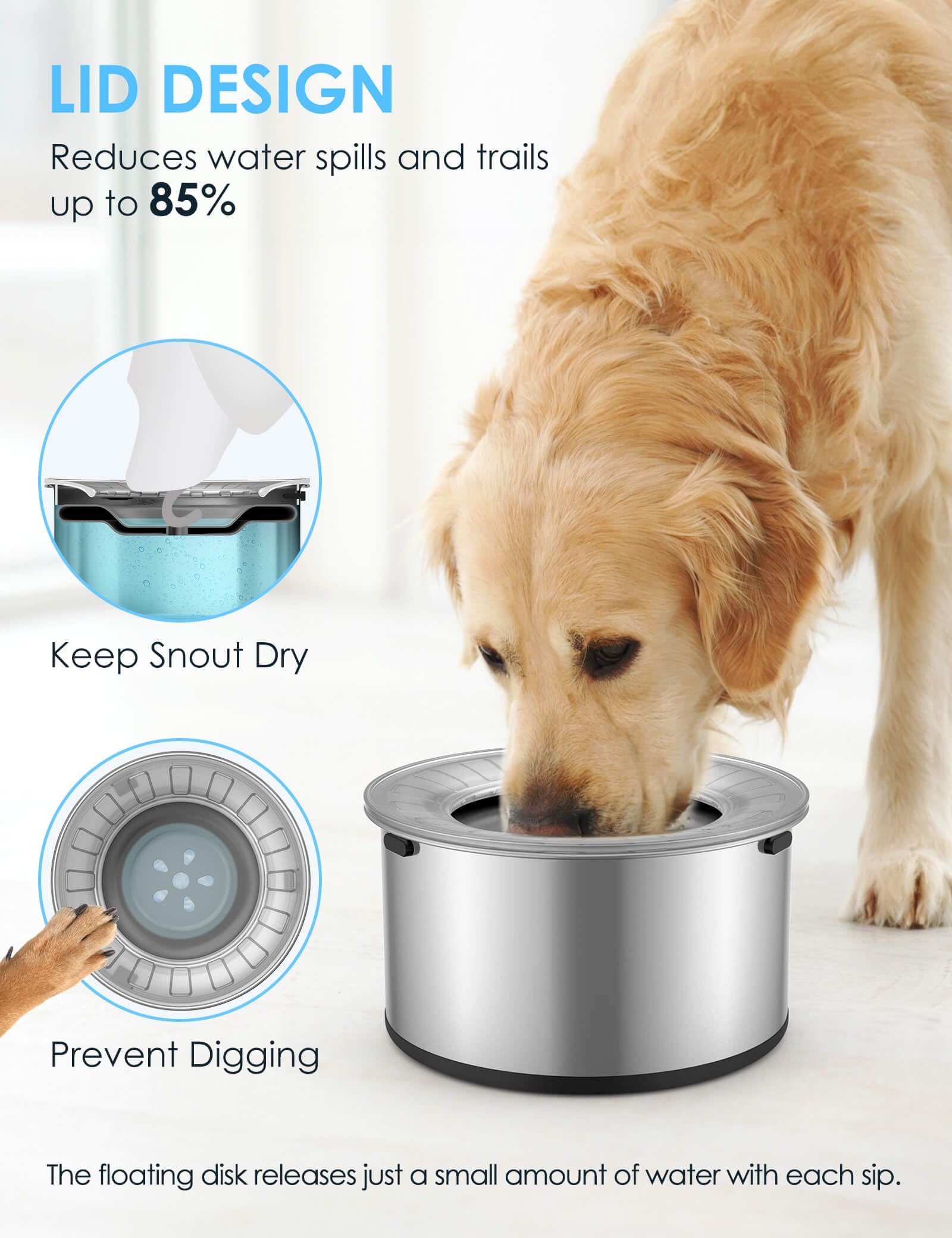Heouvo water bowl lid prevents digging and splashes.