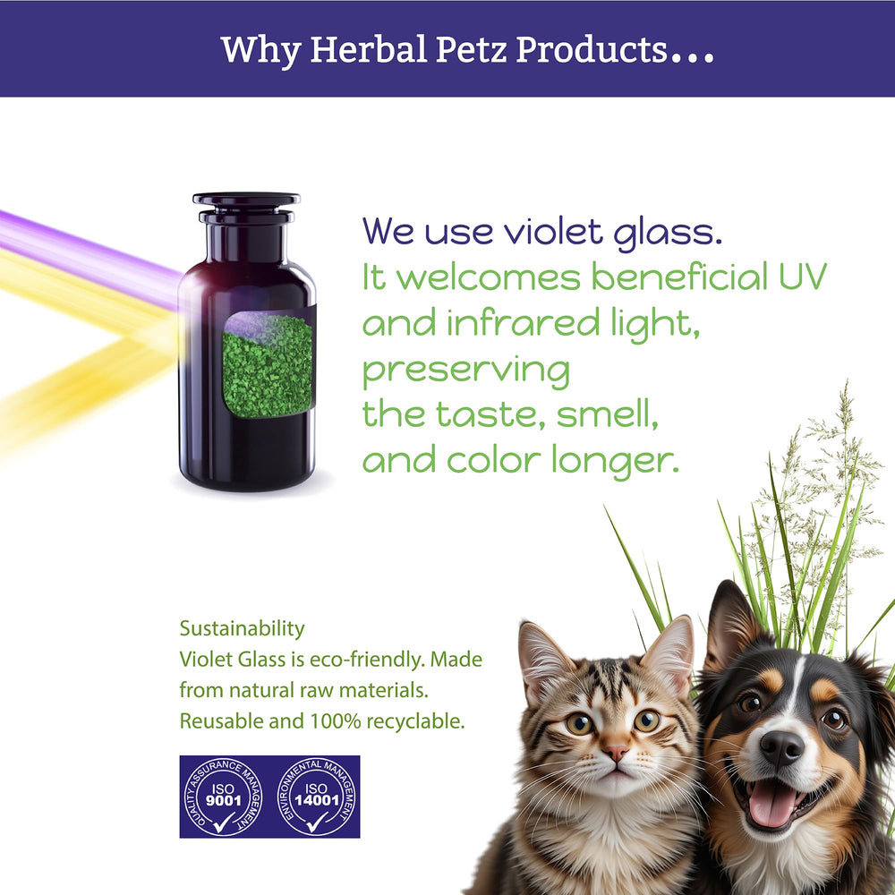 Herbal Petz violet-glass packaging preserves freshness and herbal bio-energy