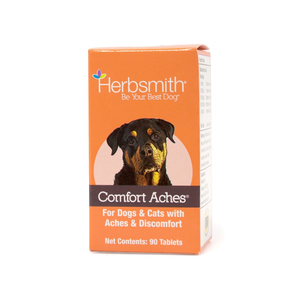 Herbsmith Comfort Aches bottle-front showing quick-acting relief for pets.