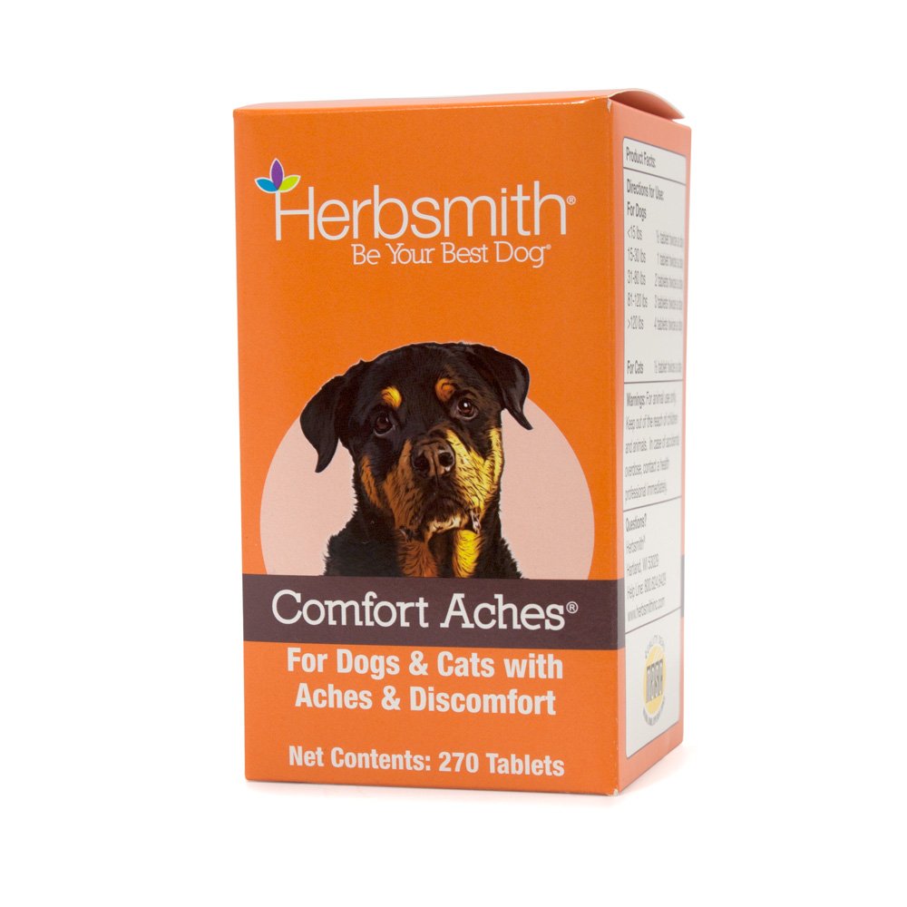 Herbsmith Comfort Aches bottle label showing natural pet pain relief potential