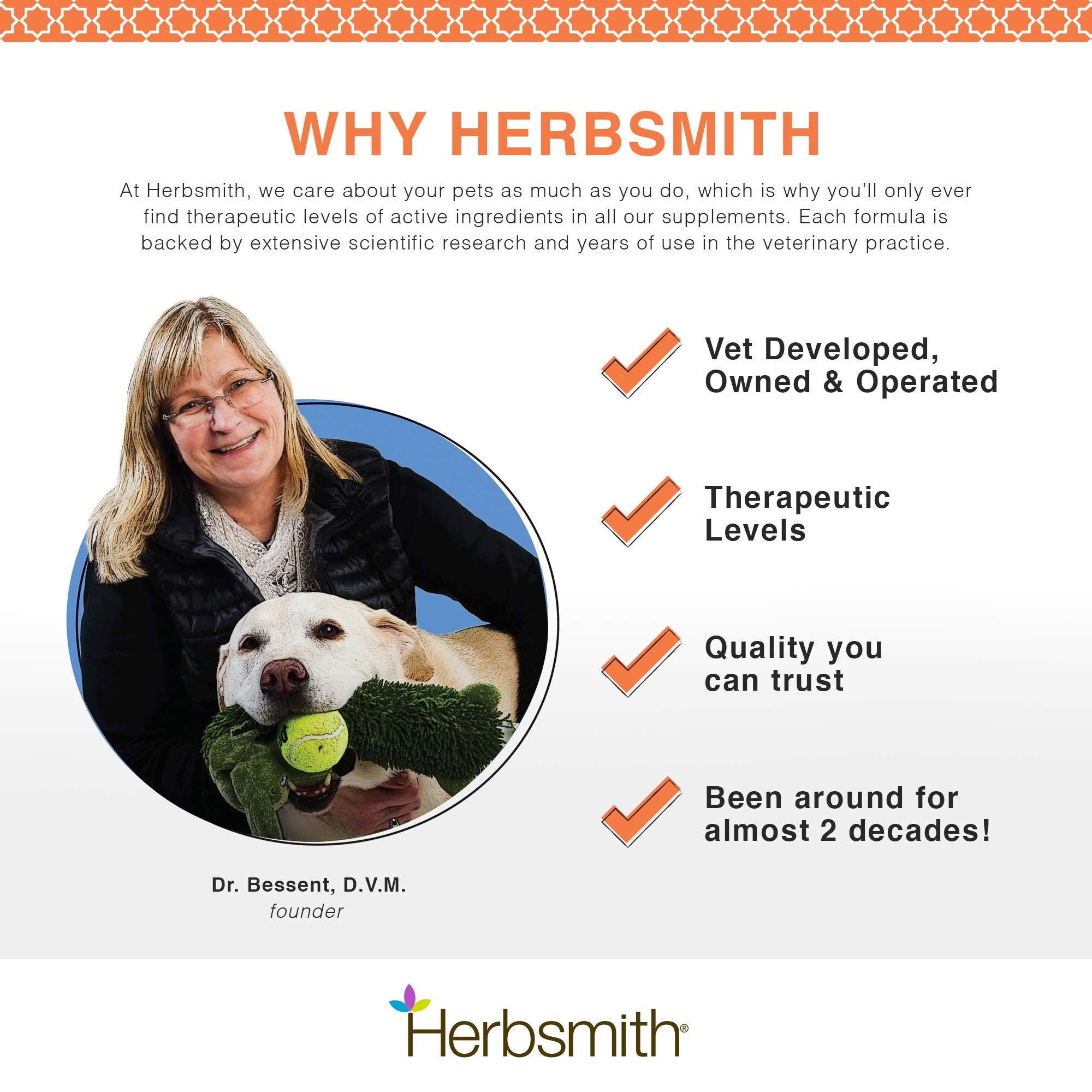 Herbsmith Comfort Aches made-in-usa stamp signals veterinarian-developed trust.