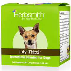 Herbsmith July Third calming chews bottle packaging promotes dog calmness during stressors.