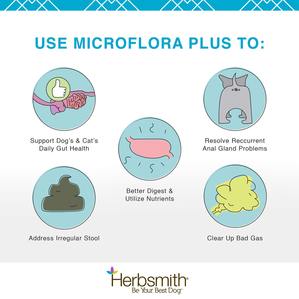 Herbsmith Microflora Plus packaging emphasizes prebiotic support for gut bacteria.