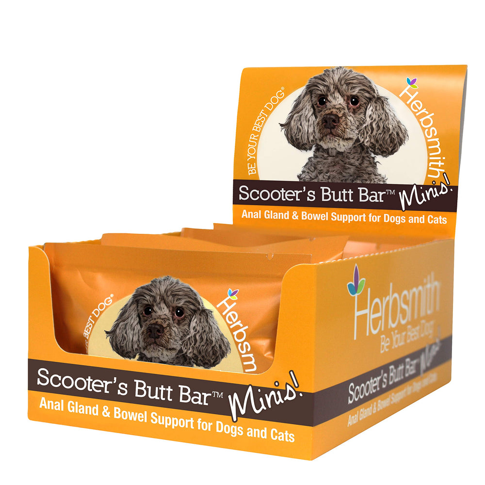Herbsmith Scooter’s Butt Bars case packaging showing convenient dog fiber supplement