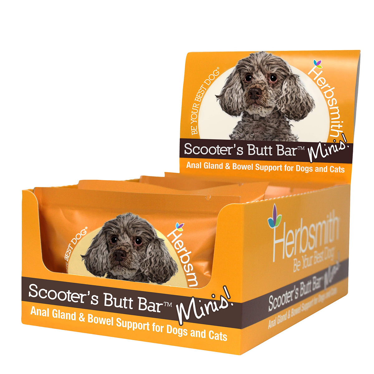Herbsmith Scooter’s Butt Bars case packaging showing convenient dog fiber supplement