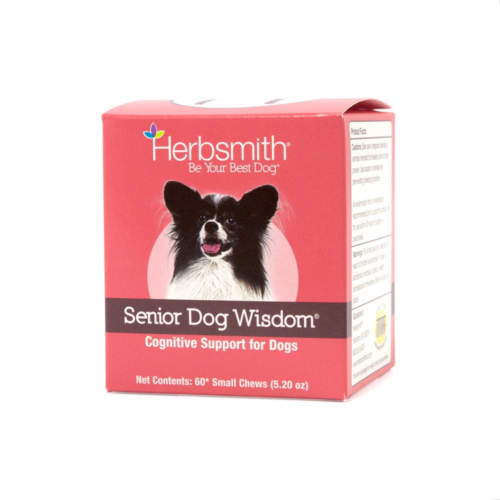 Herbsmith Senior Dog Wisdom bottle closeup chews for brain health and aging support.