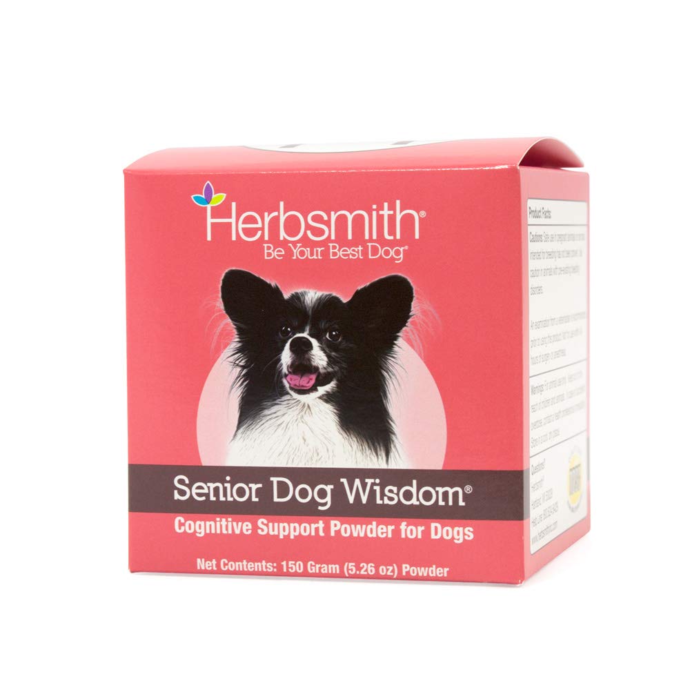 Herbsmith Senior Dog Wisdom bottle label showcasing DHA brain support for aging dogs