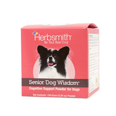 Herbsmith Senior Dog Wisdom bottle label showcasing DHA brain support for aging dogs