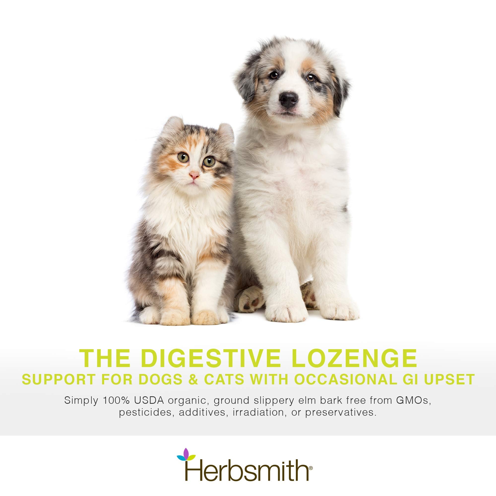 Herbsmith slippery elm packaging box highlights gentle gut comfort for pets during transitions.