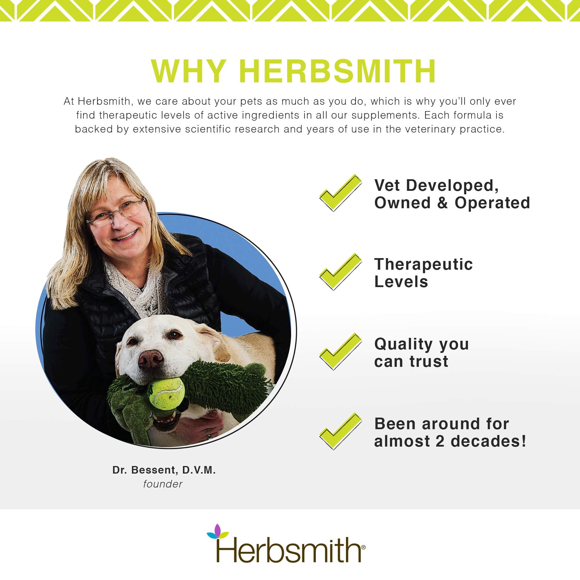 Herbsmith slippery elm on pet treats display hints at easy, pill-free digestion support.
