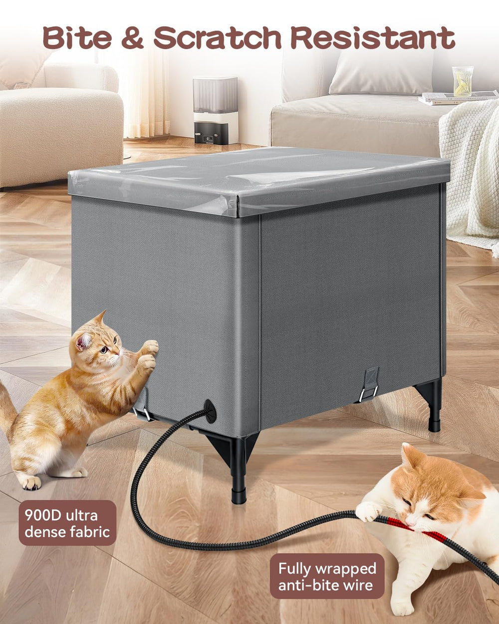 Herehomi heated cat house in use outdoors for winter stray cats.