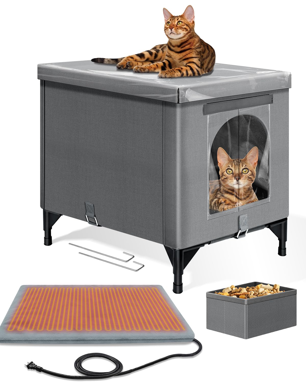 Herehomi heated cat house exterior with PVC roof for rain protection.