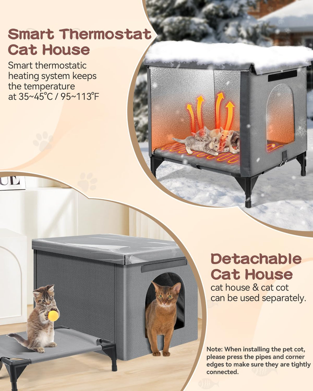 Herehomi heated cat house thermostat heating pad maintains warmth.