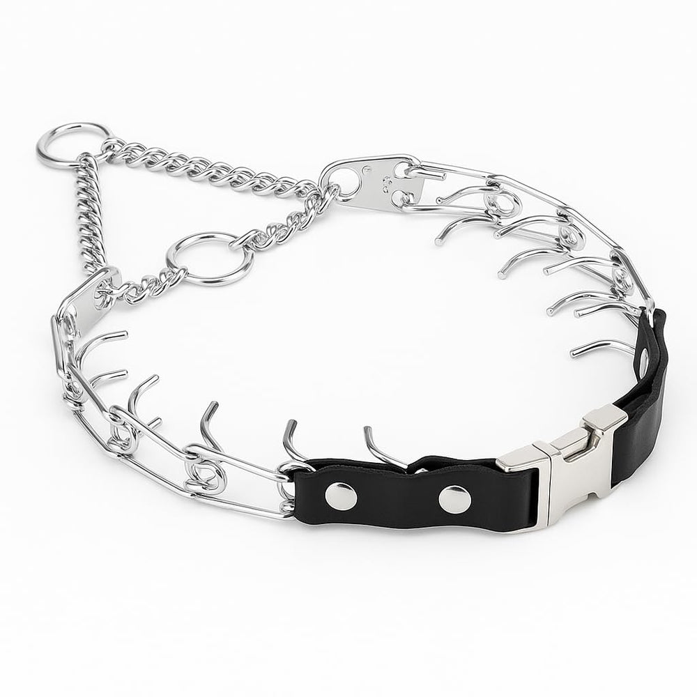 Herm Sprenger 2.25mm prong collar closeup showing precise training control.