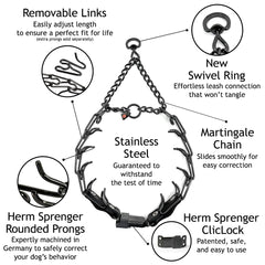 Herm Sprenger swivel ring closeup for tangle-free walks and secure leash attachment.