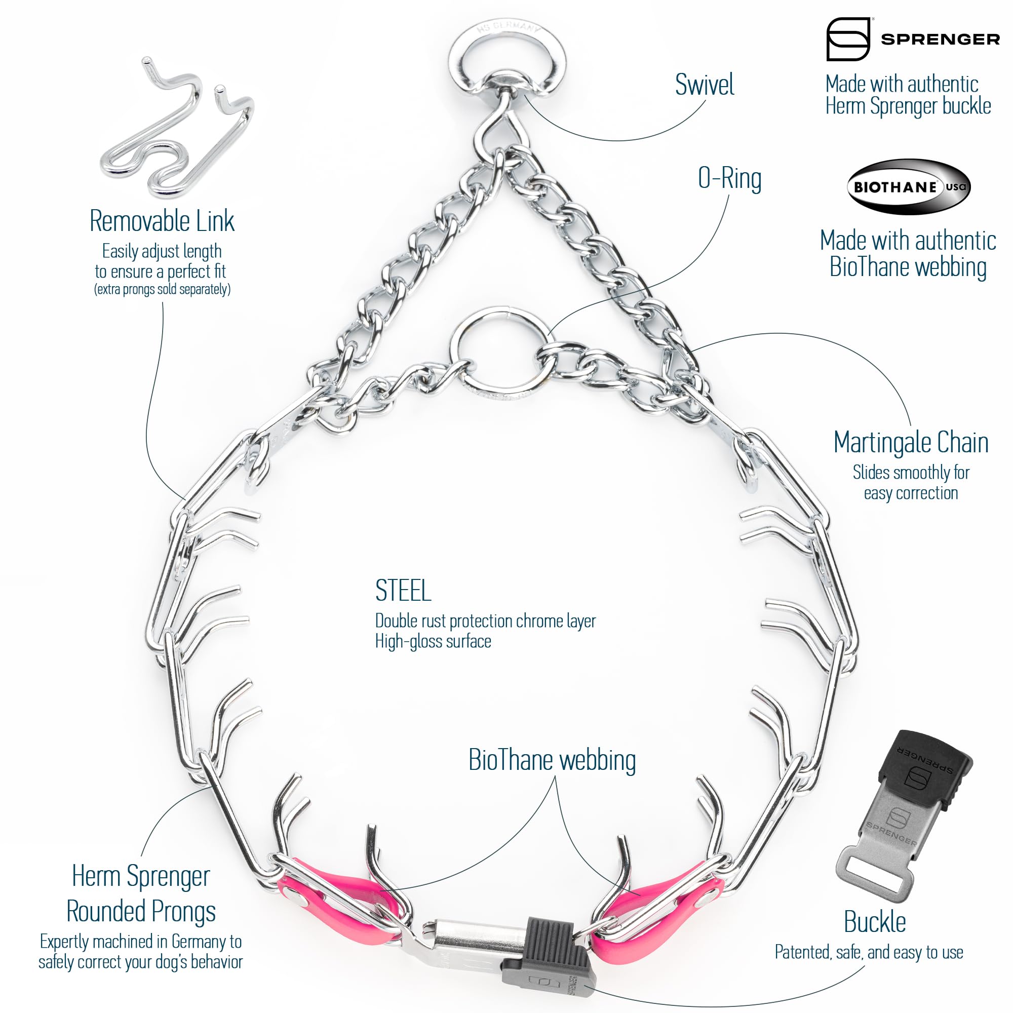Herm Sprenger biothane insert in passionfruit pink for stability.