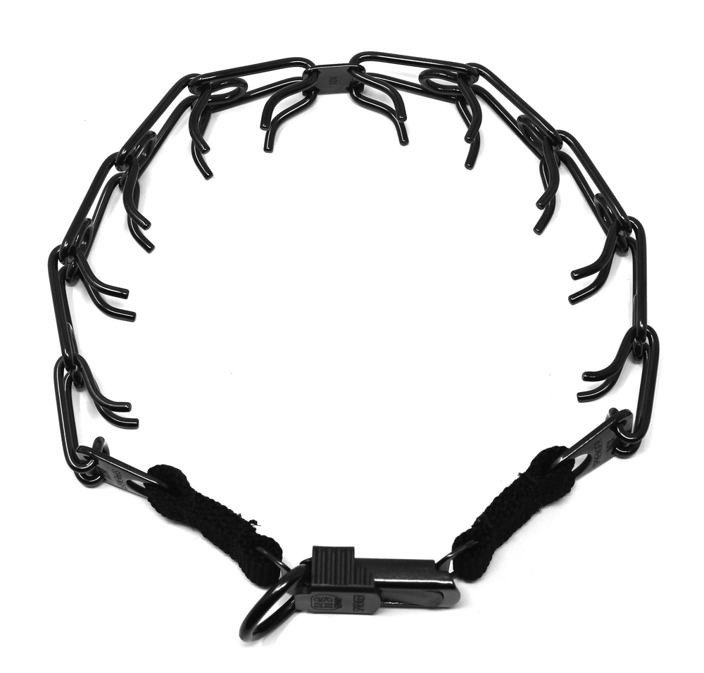Herm Sprenger black stainless steel collar closeup with quick-release buckle for easy on/off.