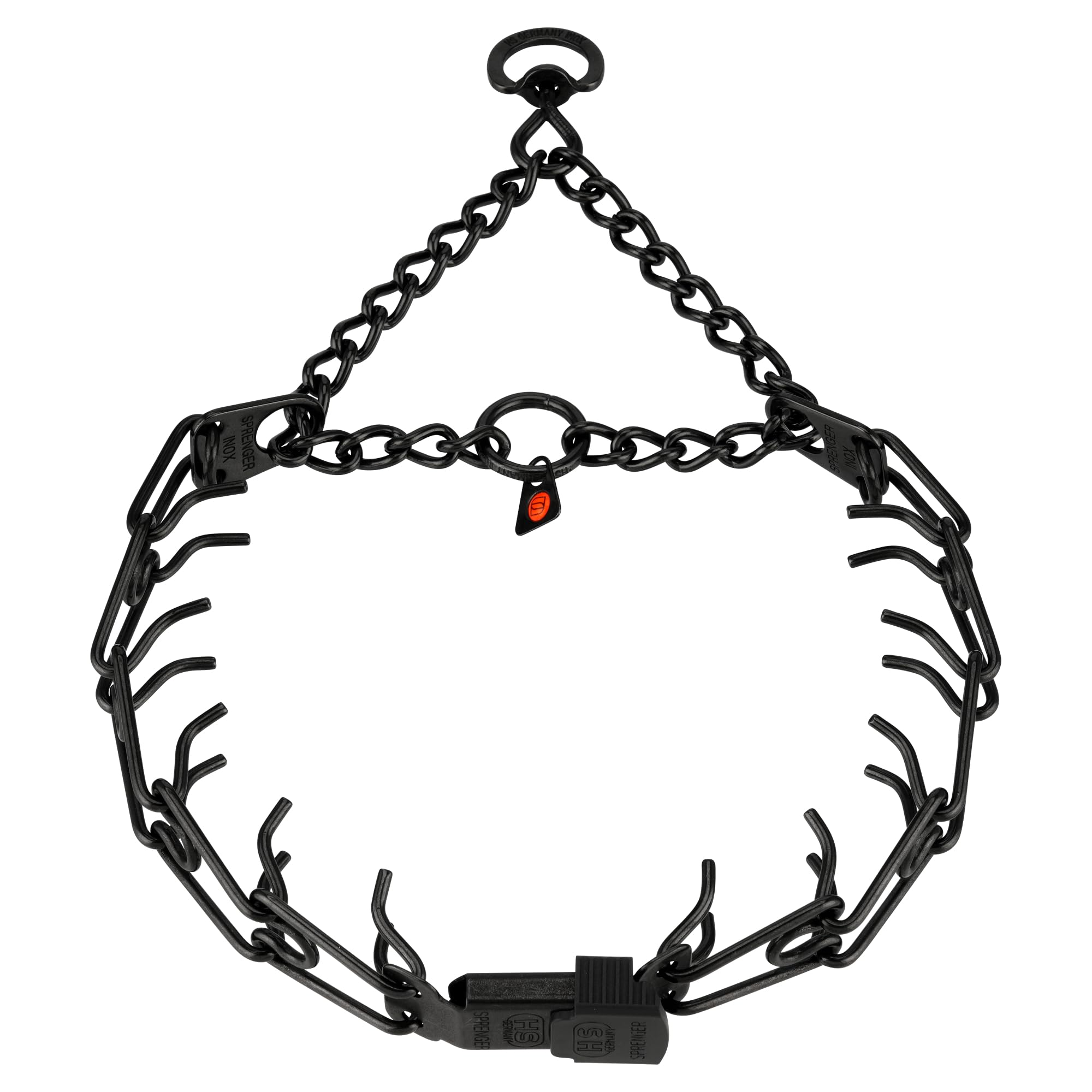 Herm Sprenger black stainless steel dog collar with centered ClicLock buckle for easy on/off training and safe handling