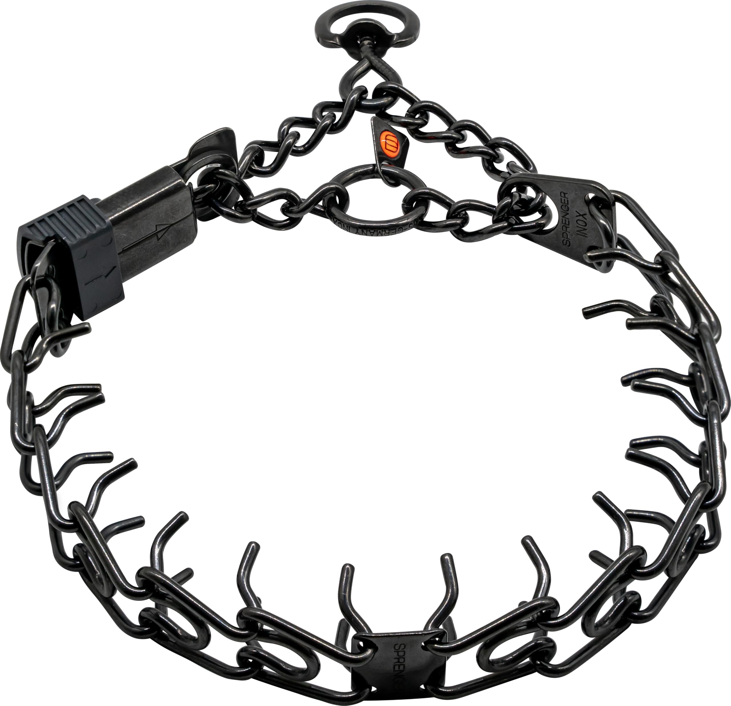 Herm Sprenger black stainless steel dog collar front view shows balanced neck pressure during training