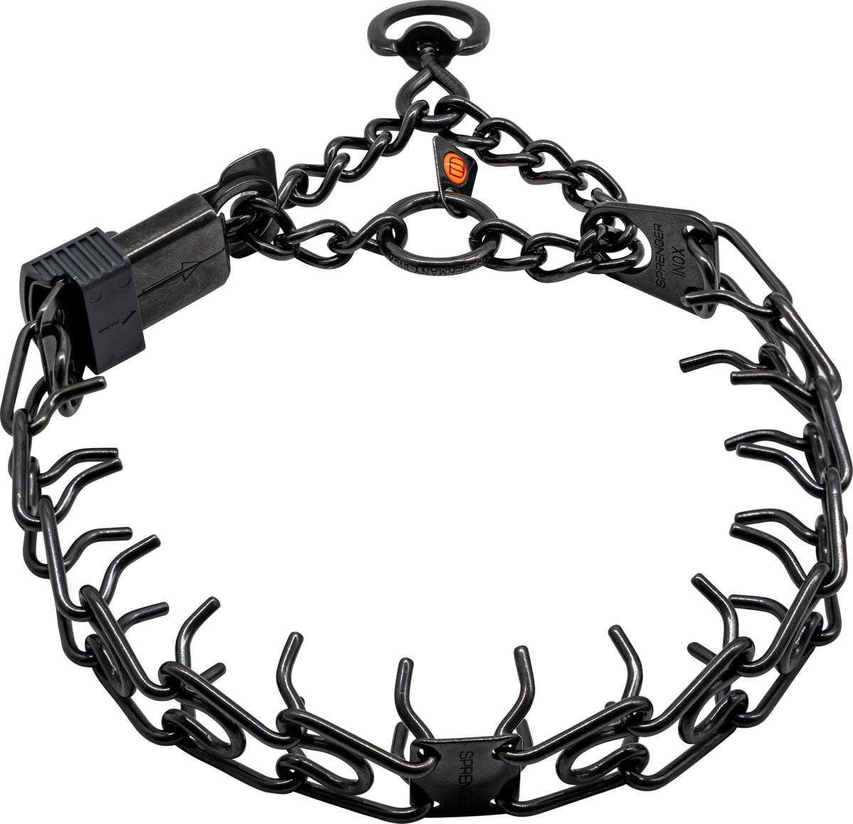 Herm Sprenger black stainless steel dog collar front view shows balanced neck pressure during training