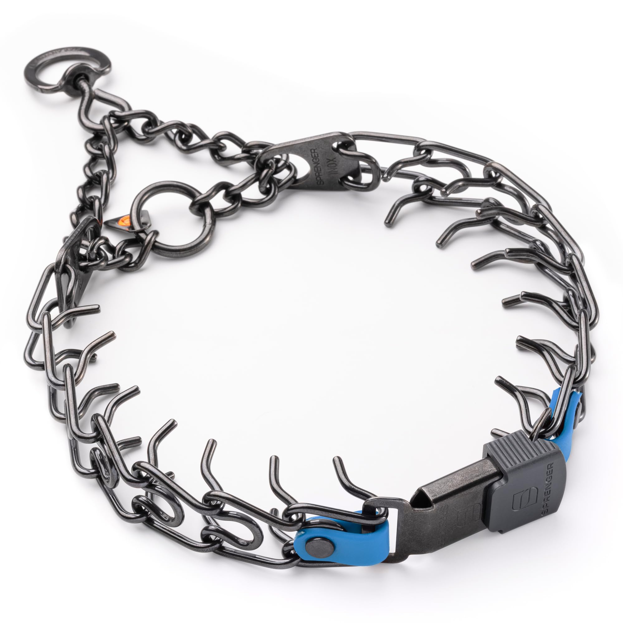 Herm Sprenger black stainless steel collar with short links in cerulean blue for secure fit.