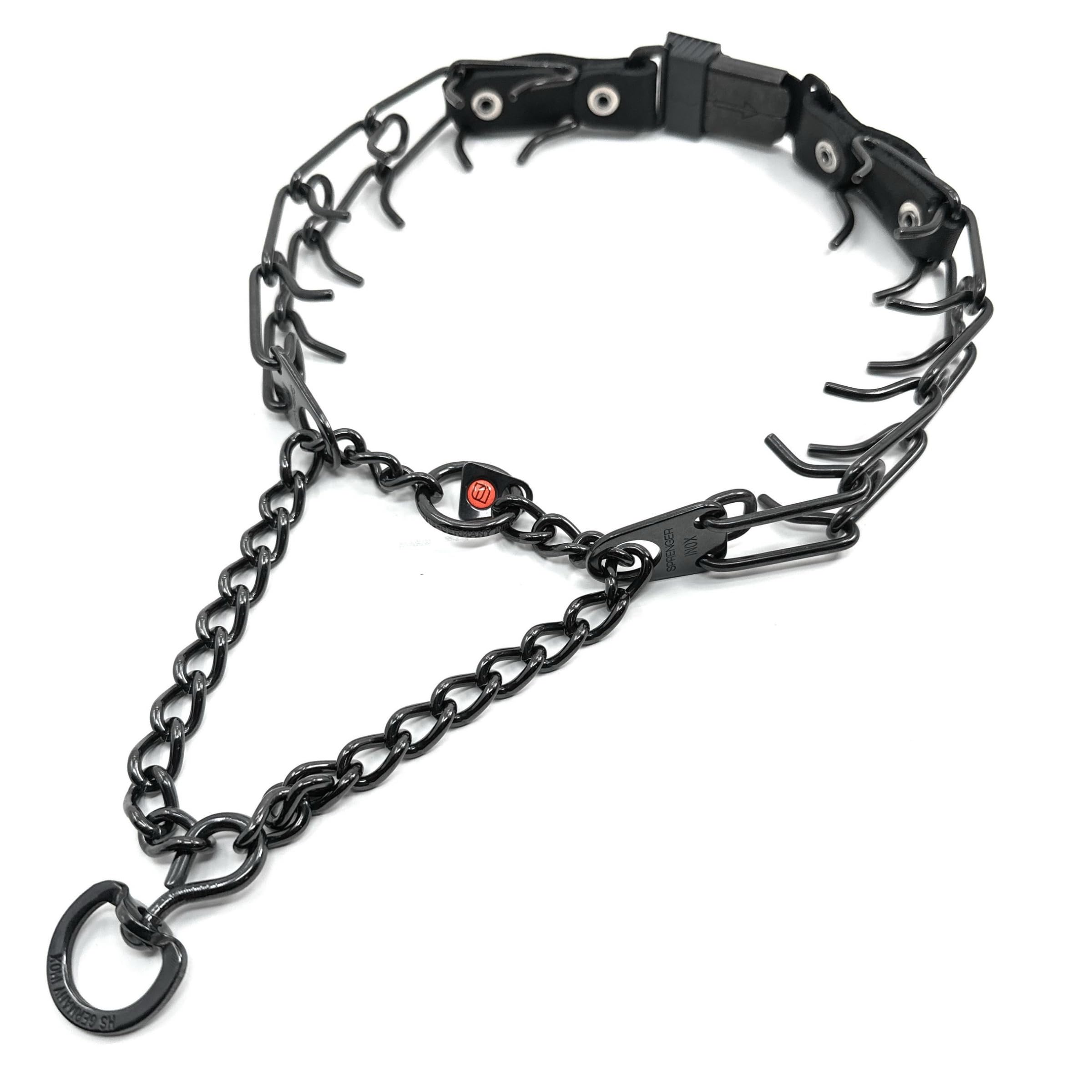 Herm Sprenger black stainless steel prongs closeup emphasizing even, humane pressure.