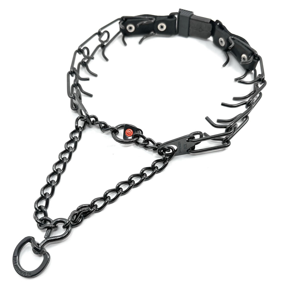 Herm Sprenger black stainless steel prongs closeup emphasizing even, humane pressure.