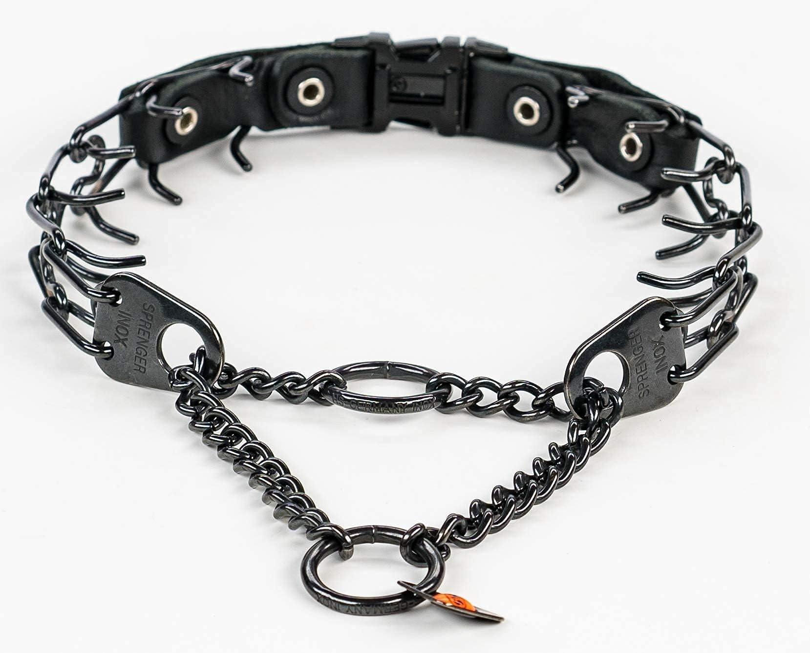 Herm Sprenger center buckle positions links for even correction at any angle.