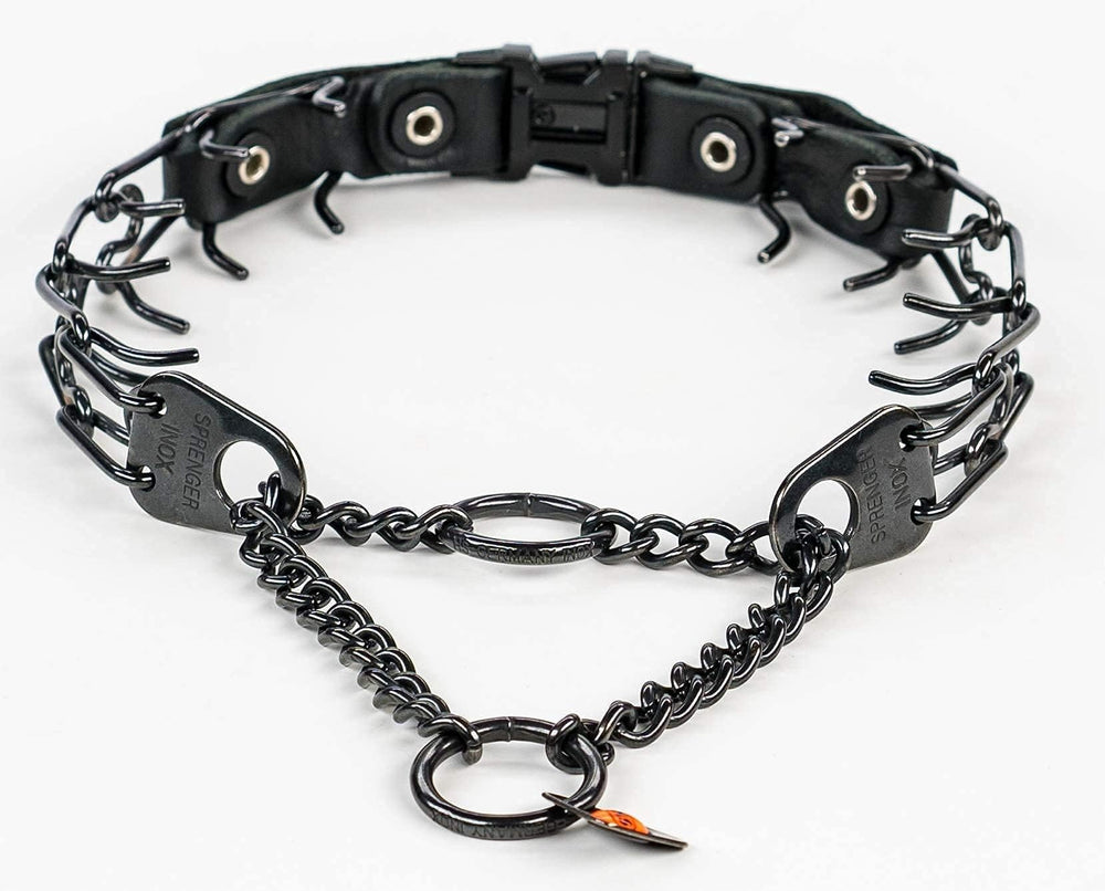 Herm Sprenger center buckle positions links for even correction at any angle.