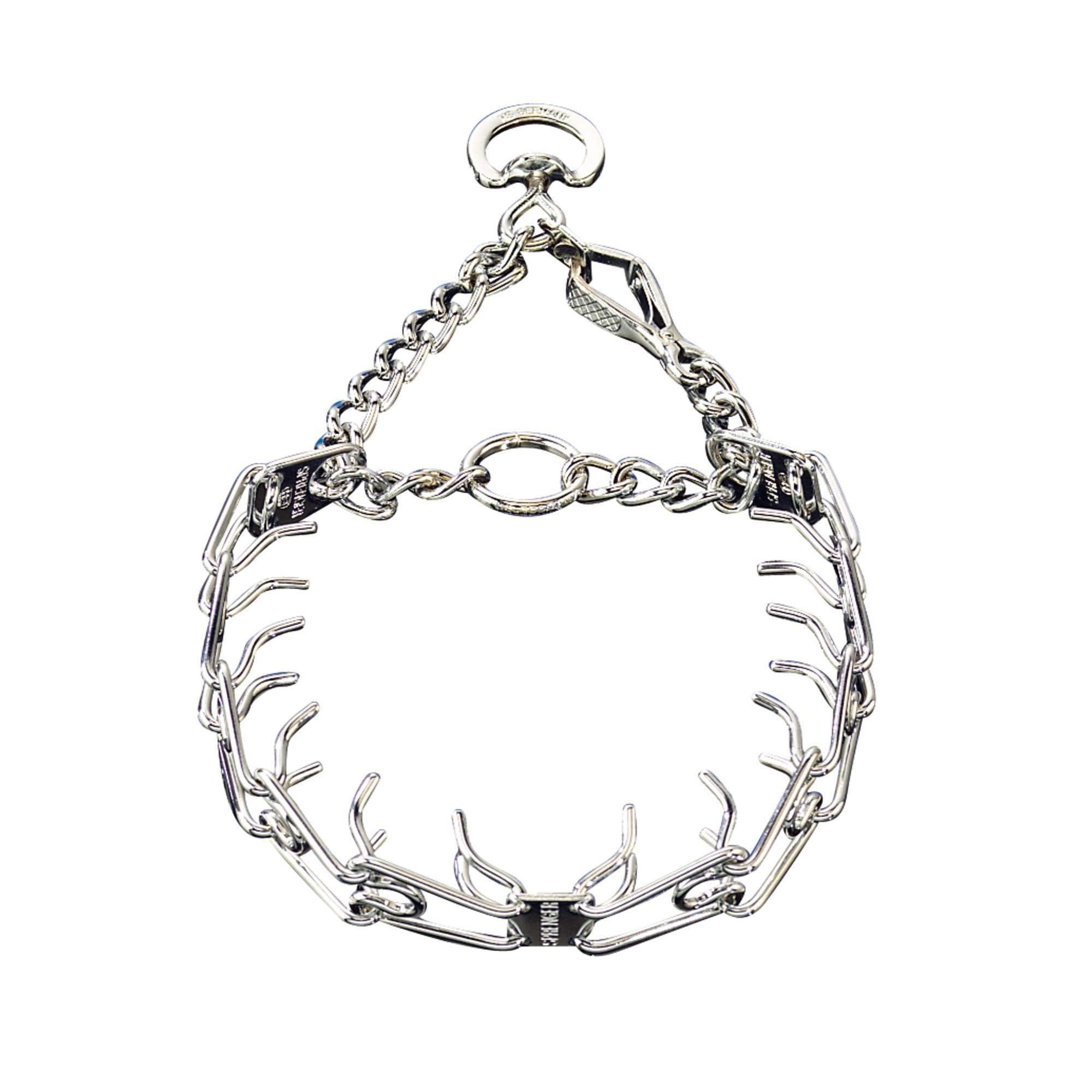 Herm Sprenger chrome-plated training collar quick-release snap in close-up for easy fitting