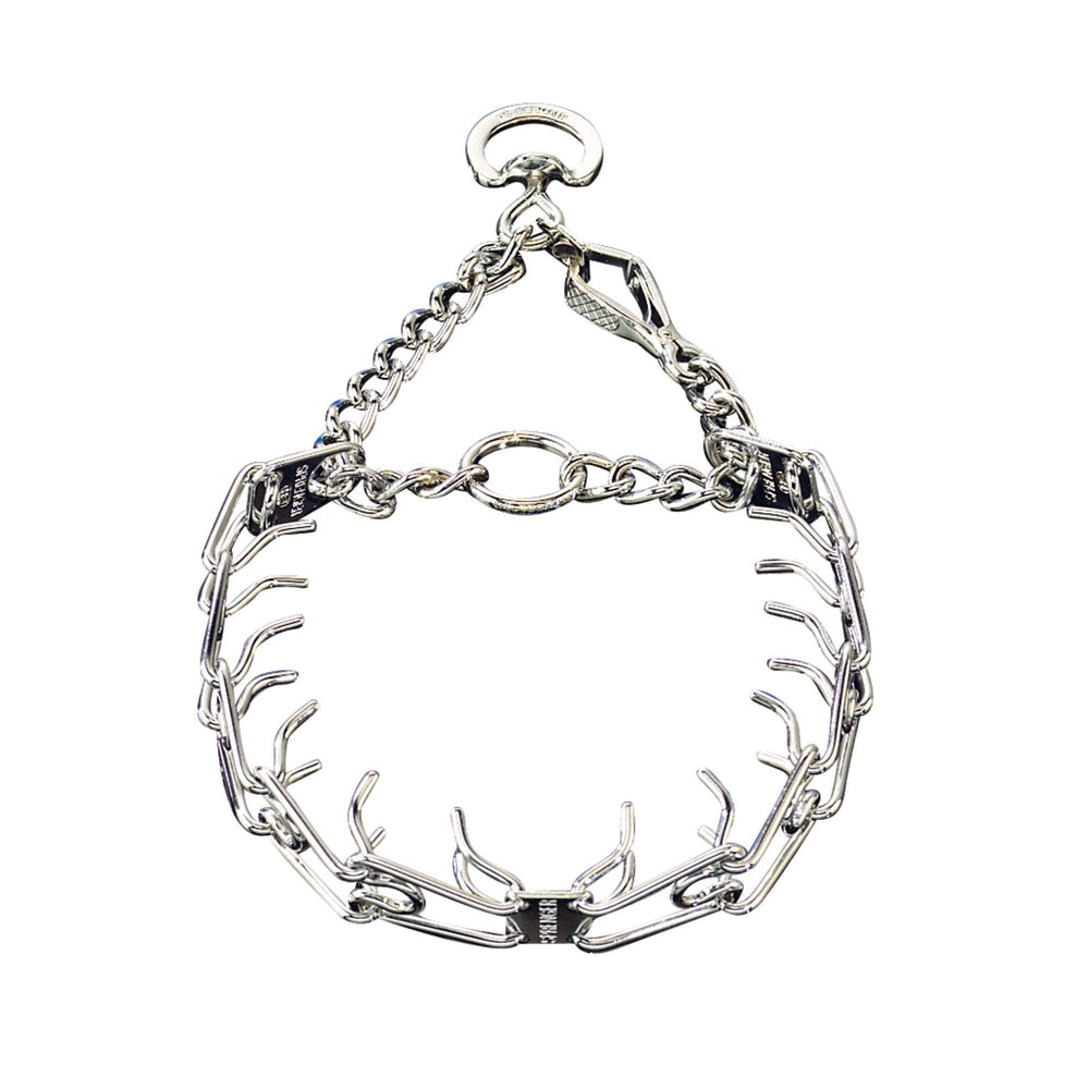Herm Sprenger chrome-plated training collar quick-release snap in close-up for easy fitting