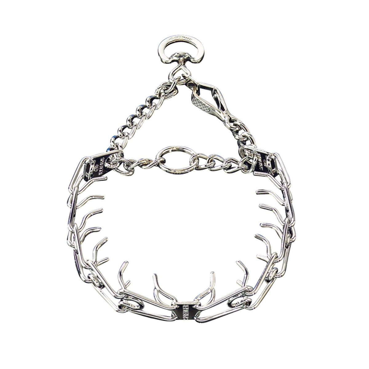 Herm Sprenger chrome-plated training collar quick-release snap in close-up for easy fitting