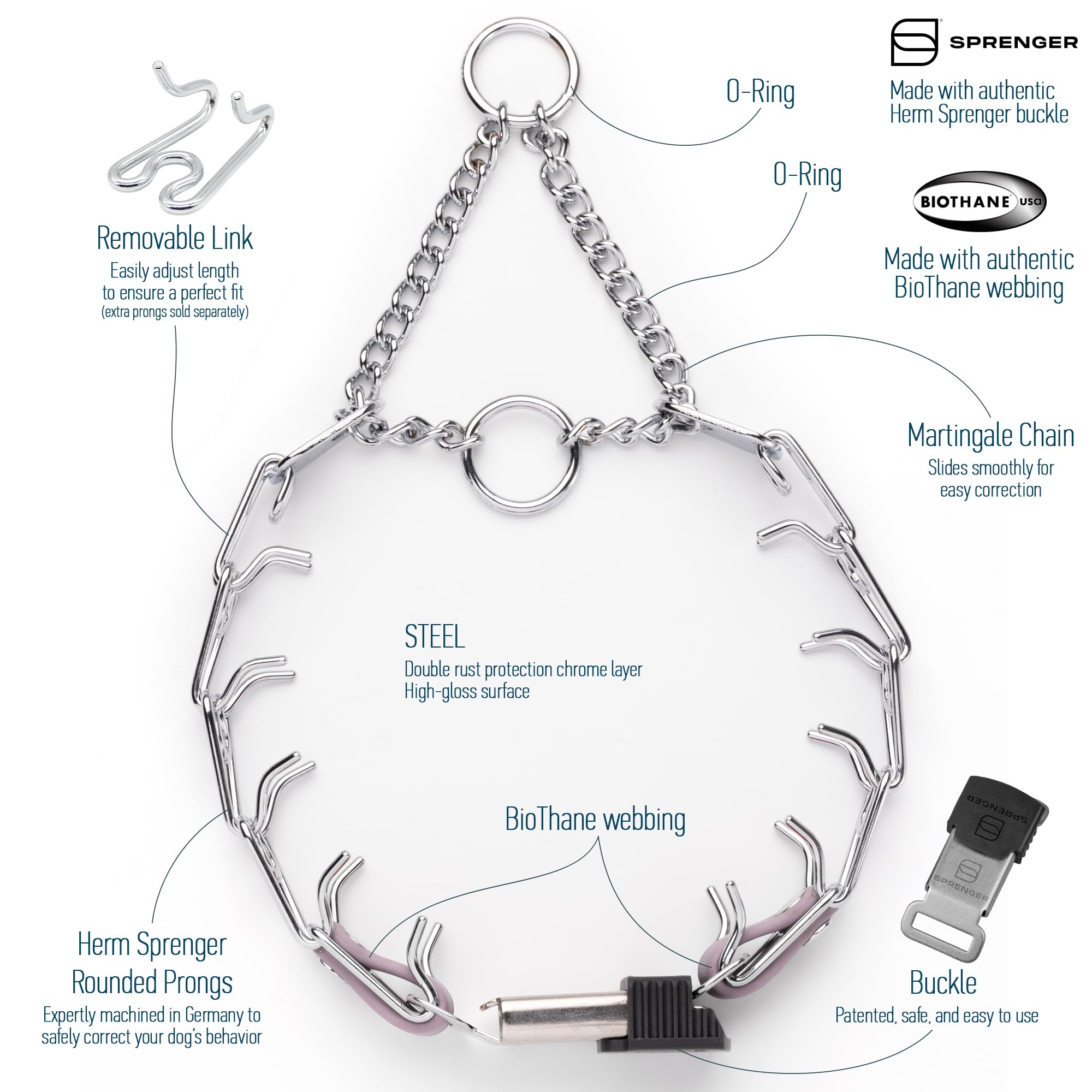 Herm Sprenger Click Lock buckle close-up showing secure construction and easy fitting.