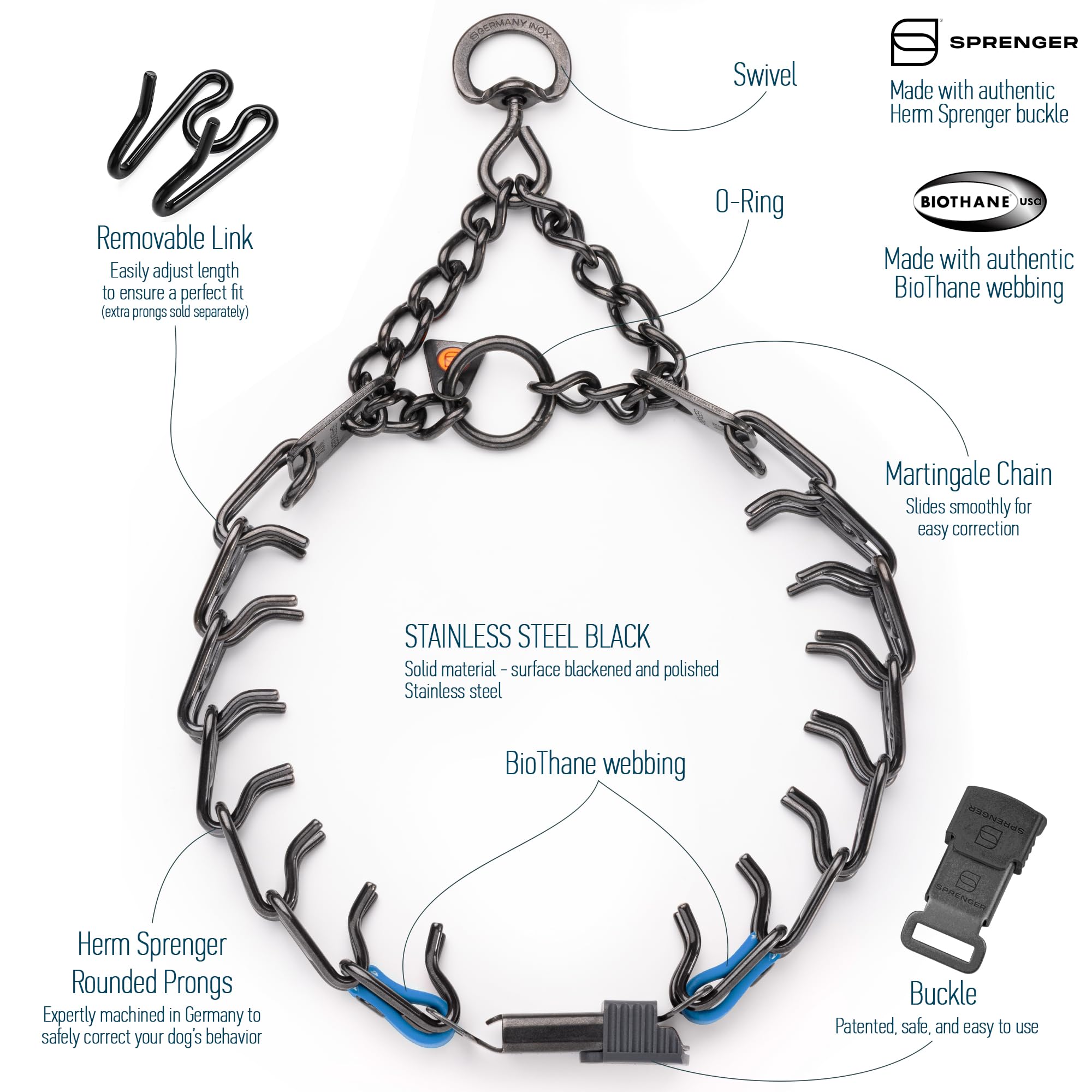 Herm Sprenger click-lock buckle collar shown in cerulean blue for quick on/off.