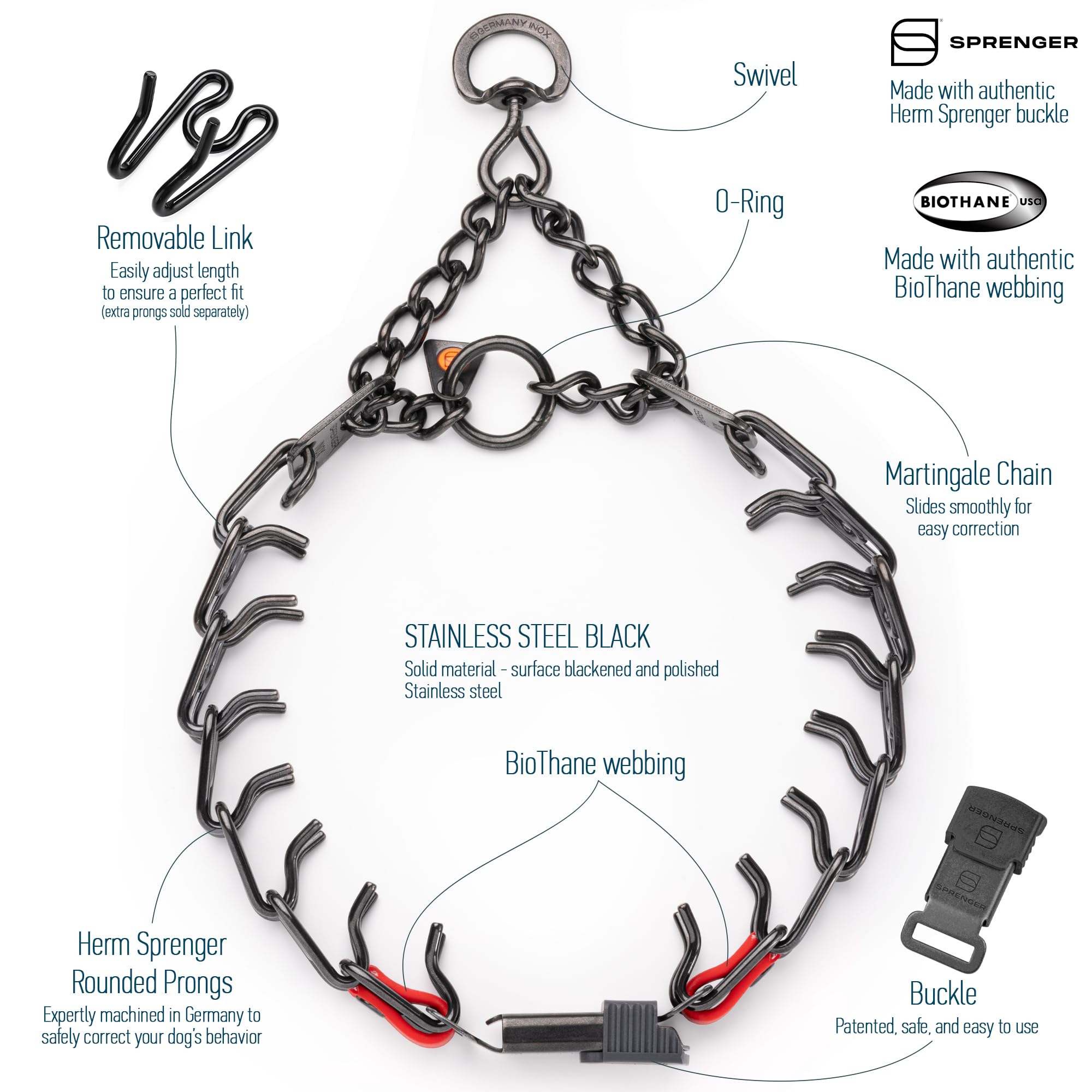 Herm Sprenger click-lock buckle in action for quick, secure collar changes.