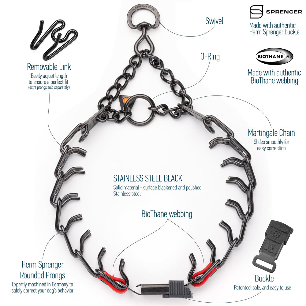 Herm Sprenger click-lock buckle in action for quick, secure collar changes.