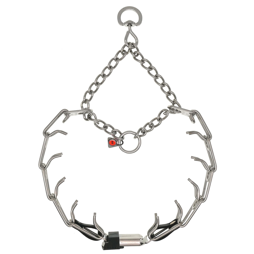 Herm Sprenger collar size adjustability via prong links for snug, comfortable fit (neck up to 19-20 inches).