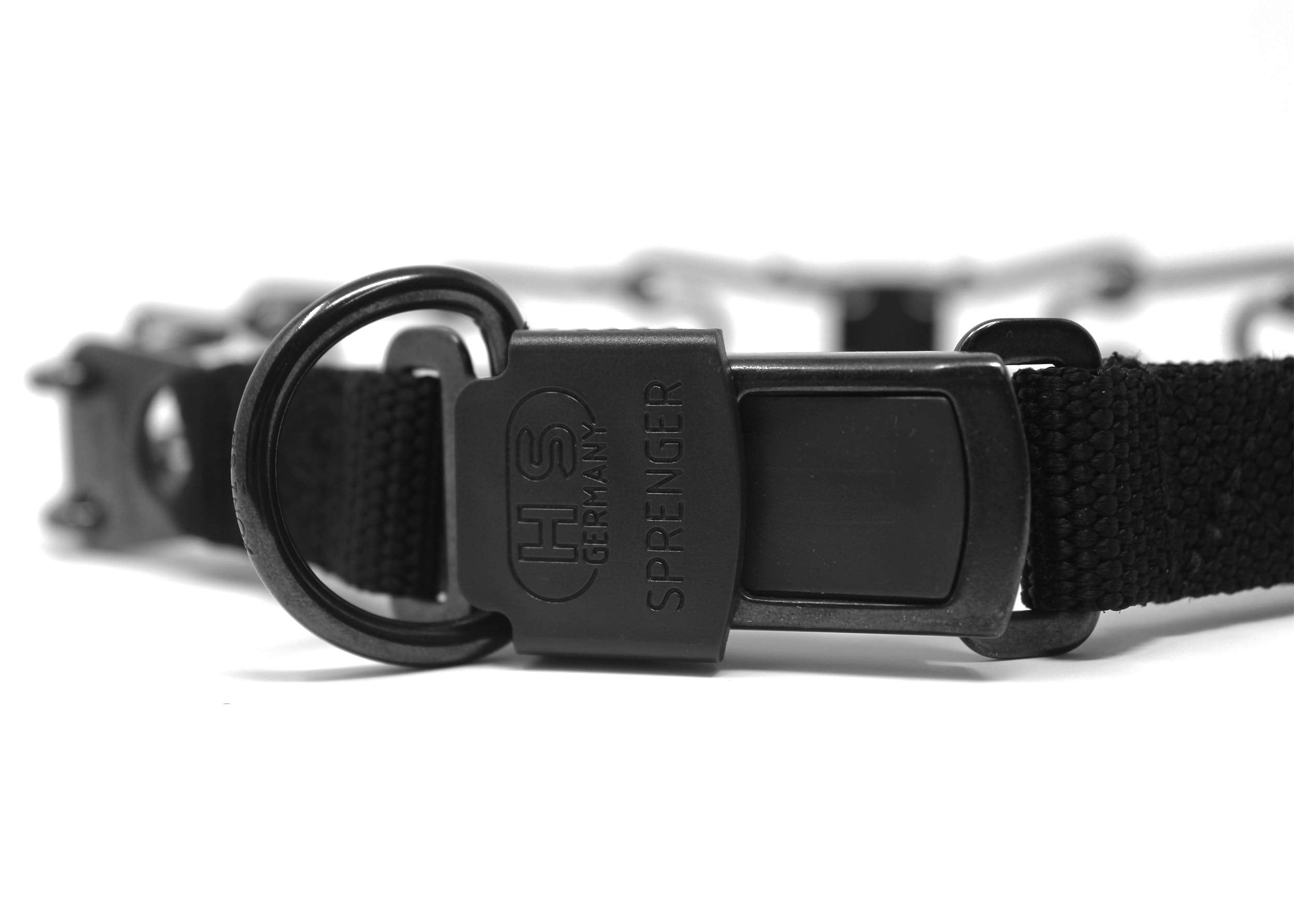 Collar on dog in action demonstrating easy on-off during walks.