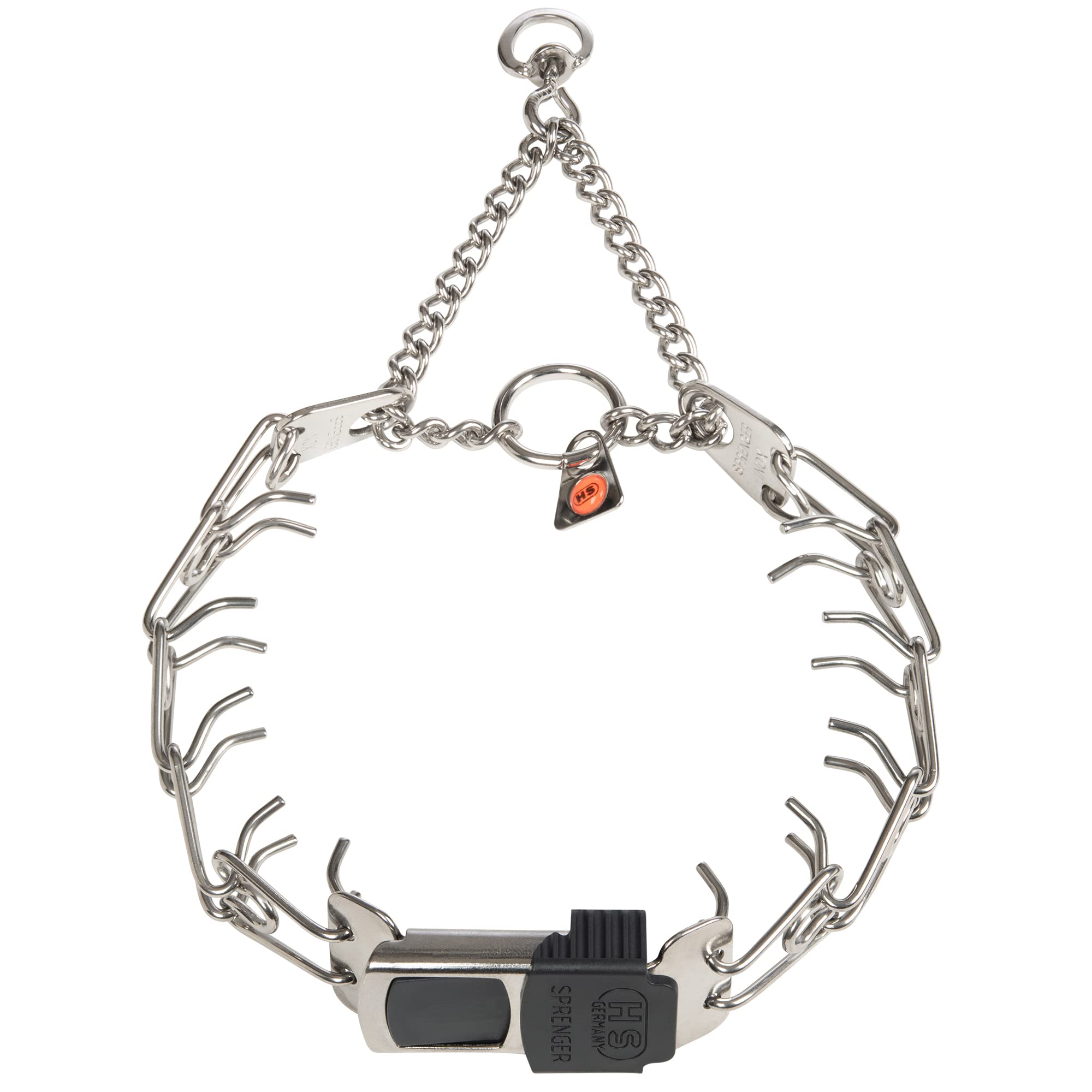 Herm Sprenger dog training prong collar with quick-release buckle aids easy on-off.