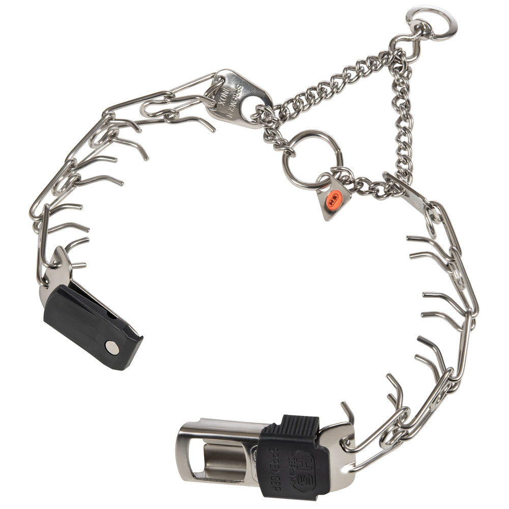 Herm Sprenger prong collar with swivel ring prevents leash twists.