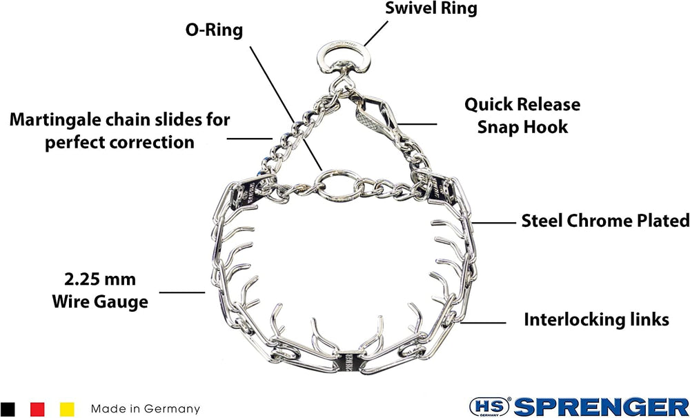 Herm Sprenger pinch collar on dog during a controlled walk.