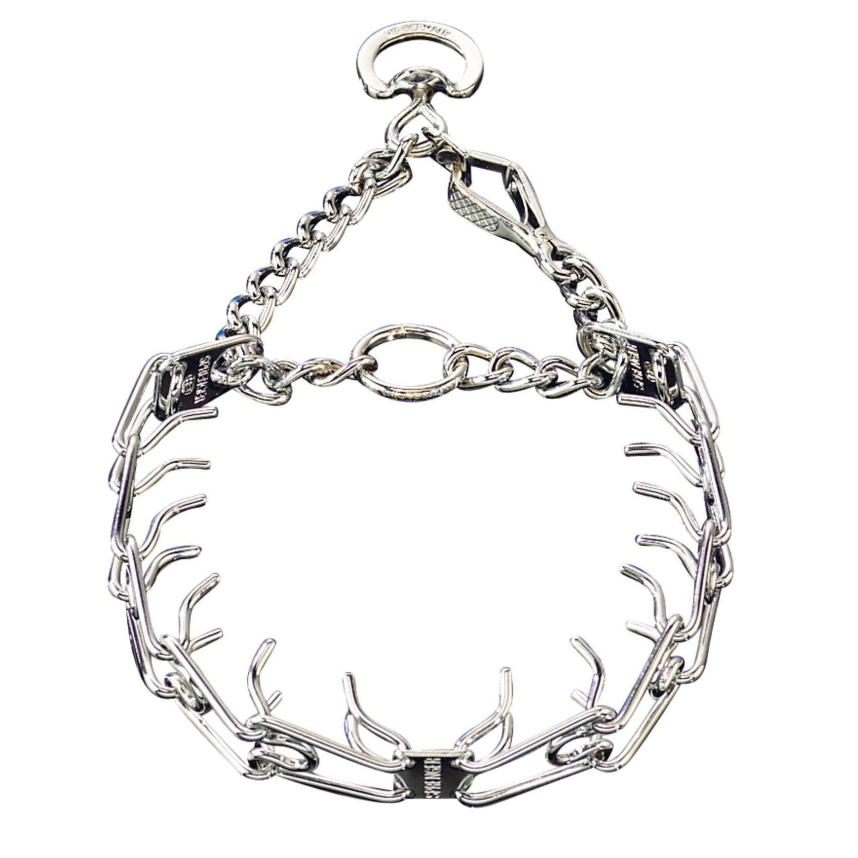 Herm Sprenger pinch collar with quick-release snap for easier one-handed fastening during walks.