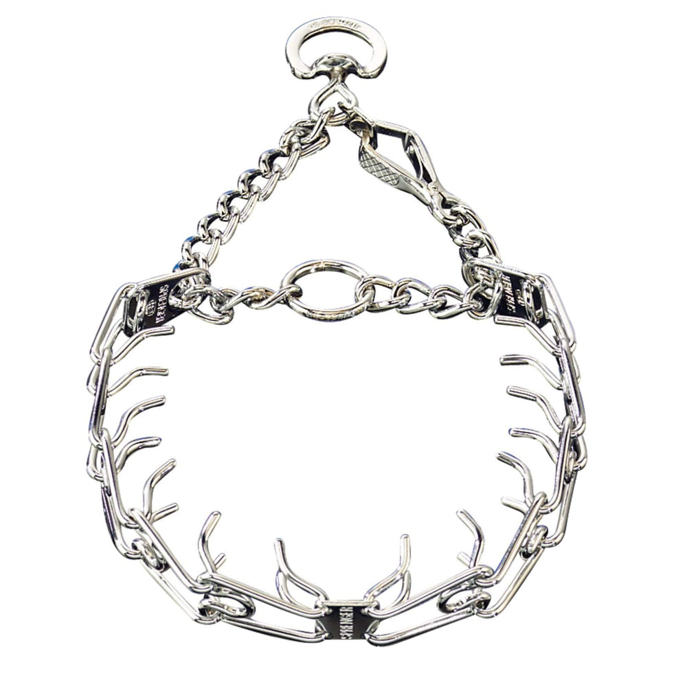 Herm Sprenger pinch collar with quick-release snap for easier one-handed fastening during walks.