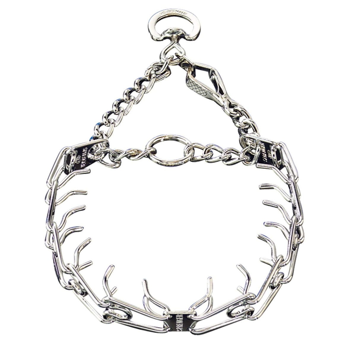 Herm Sprenger pinch collar with quick-release snap for easier one-handed fastening during walks.