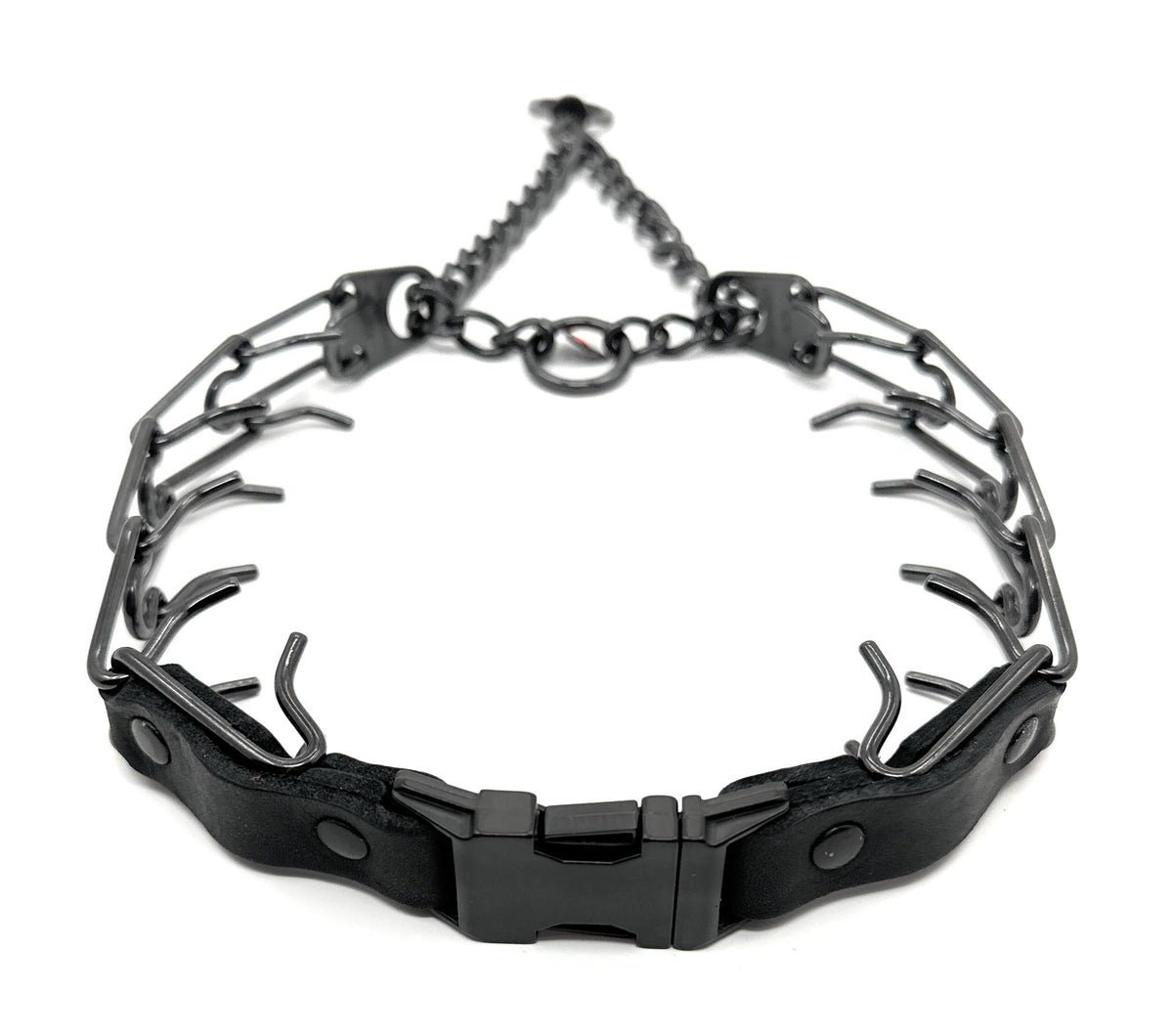 Herm Sprenger prong collar during quick-release buckle setup for easy training sessions.