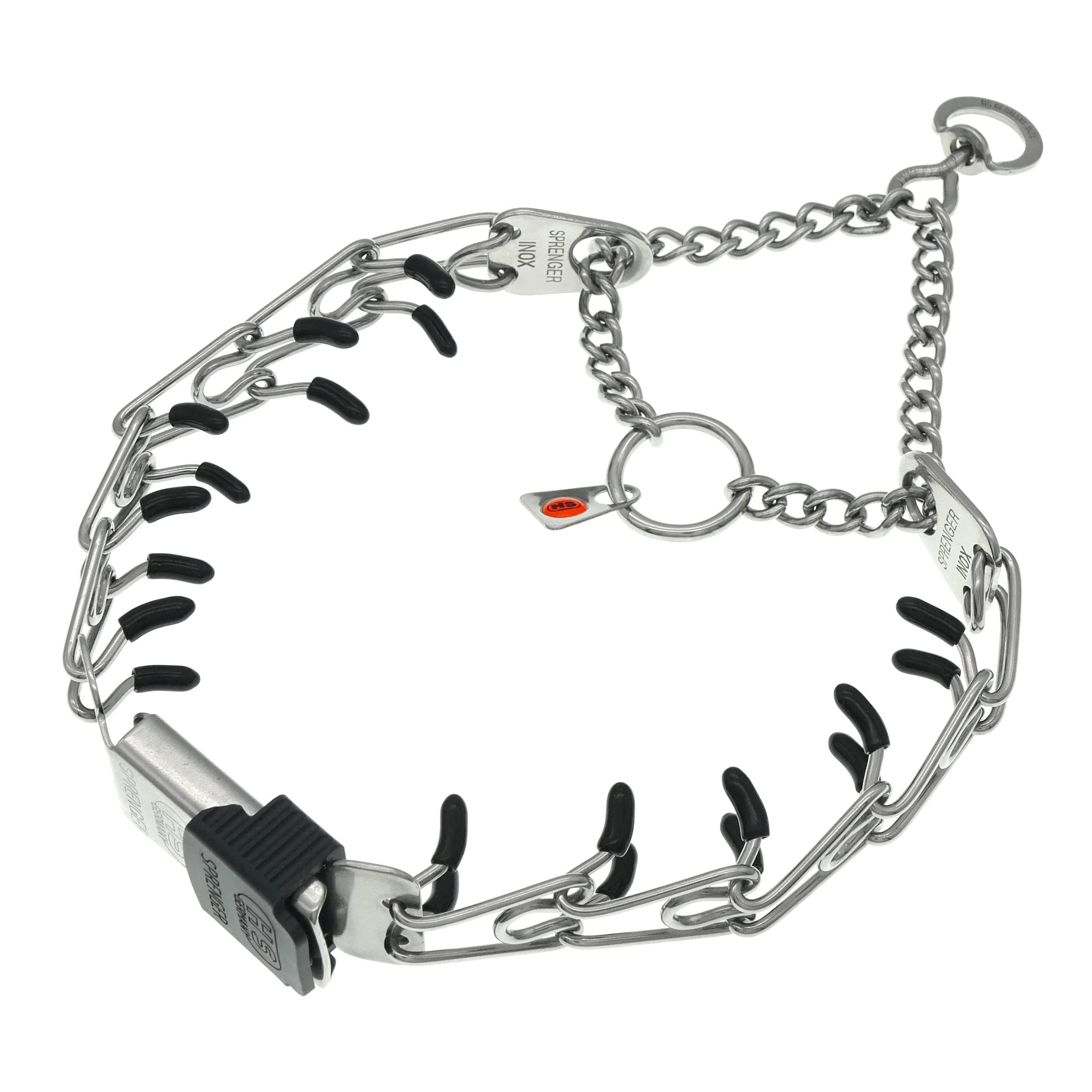 Herm Sprenger prong collar close-up showing quick-release buckle and polished stainless steel
