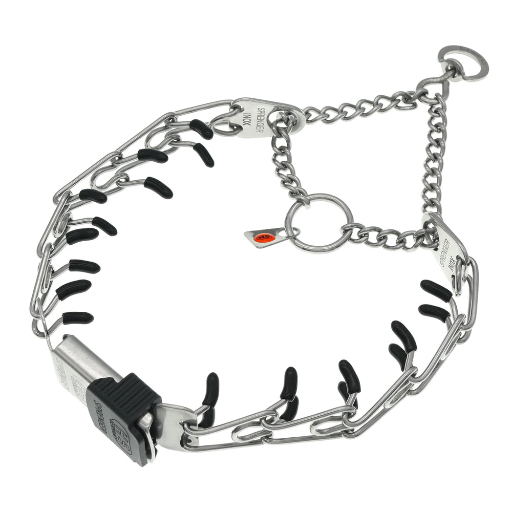 Herm Sprenger prong collar close-up showing quick-release buckle and polished stainless steel